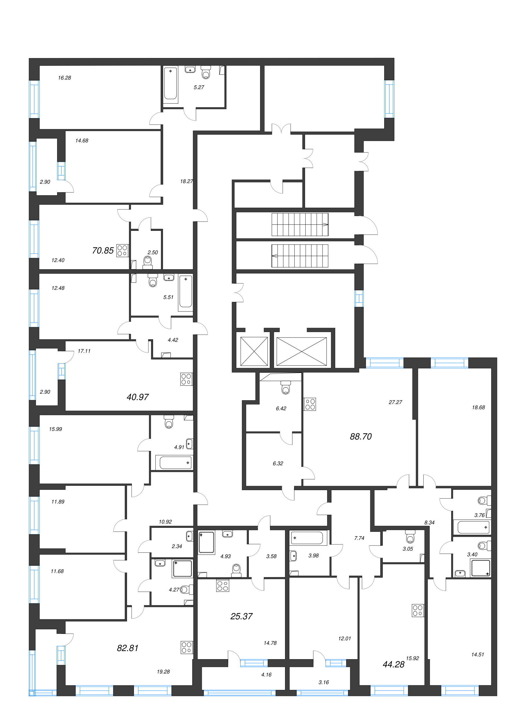 3-комнатная (Евро) квартира, 70.85 м² - планировка этажа