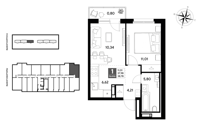 2-комнатная (Евро) квартира, 38.78 м² - планировка, фото №1