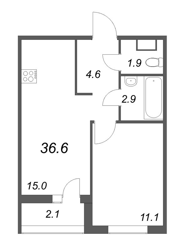 2-комнатная (Евро) квартира, 36.8 м² в ЖК "Дзета" - планировка, фото №1