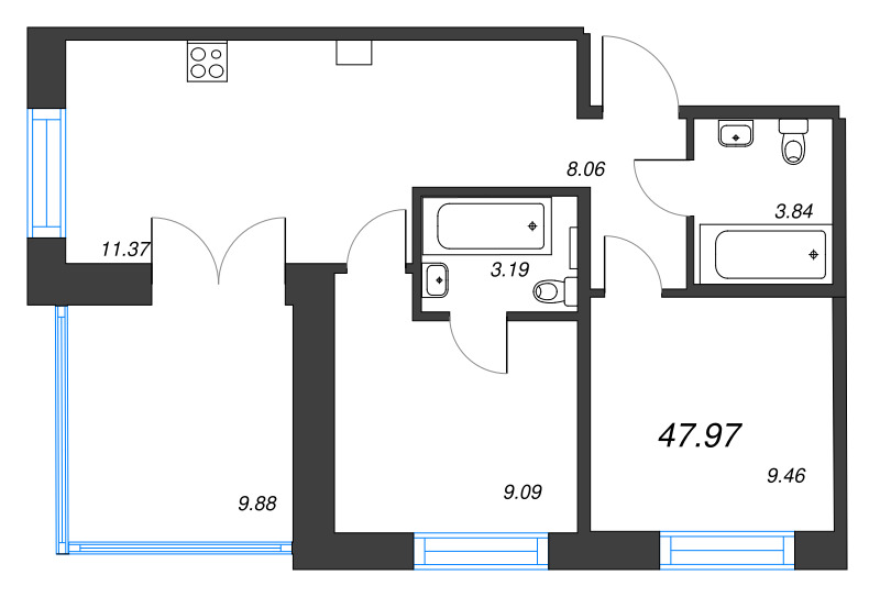 3-комнатная (Евро) квартира, 47.97 м² в ЖК "Alpen" - планировка, фото №1