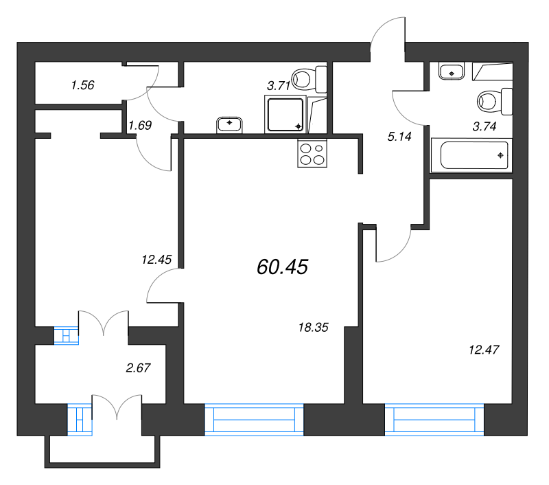 3-комнатная (Евро) квартира, 64.9 м² - планировка, фото №1