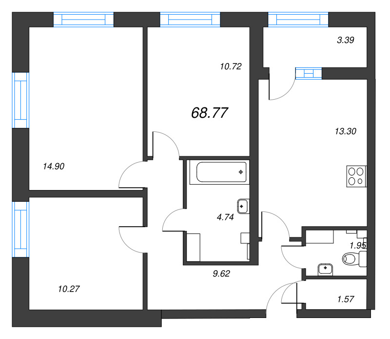 3-комнатная квартира, 68.77 м² - планировка, фото №1