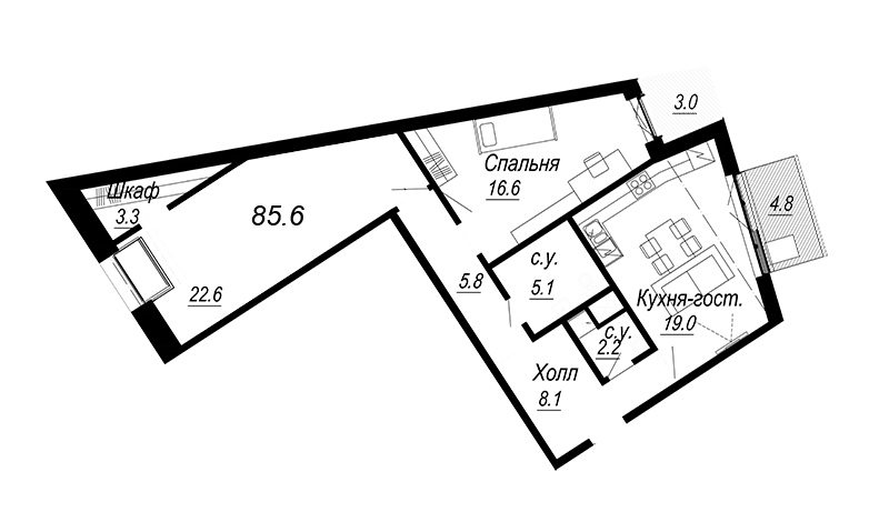 3-комнатная (Евро) квартира, 83.14 м² в ЖК "Meltzer Hall" - планировка, фото №1