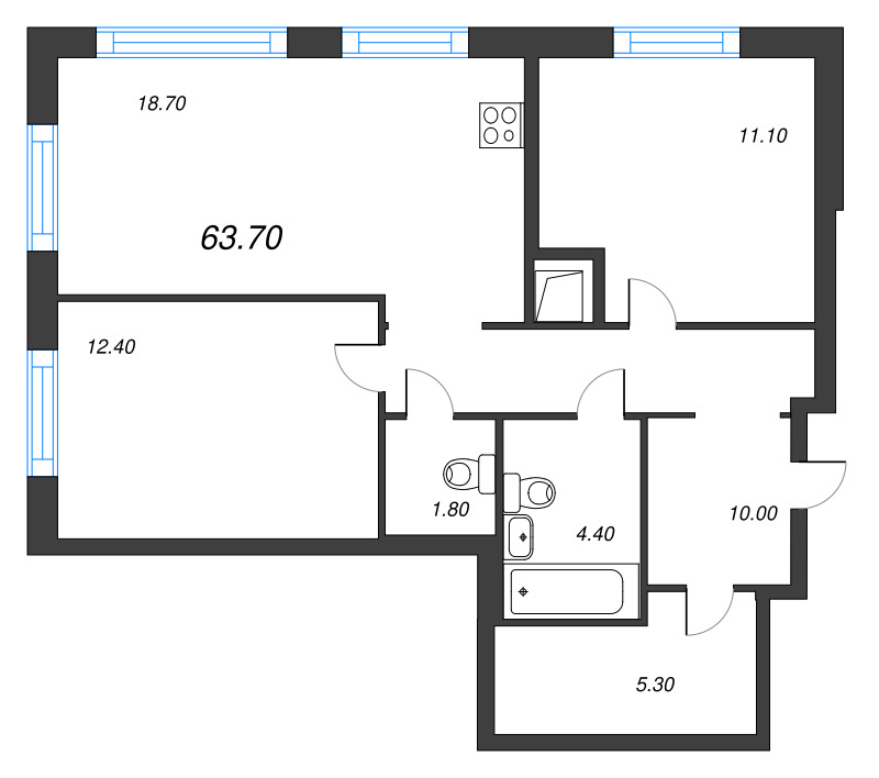 3-комнатная (Евро) квартира, 63.7 м² в ЖК "Струны" - планировка, фото №1
