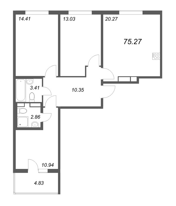 4-комнатная (Евро) квартира, 75.27 м² - планировка, фото №1