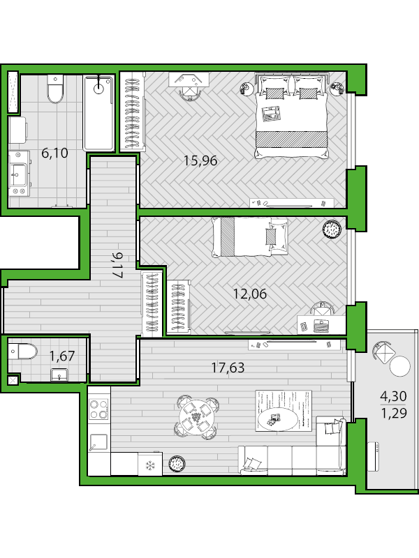 3-комнатная (Евро) квартира, 62.9 м² - планировка, фото №1