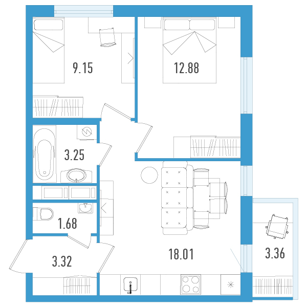 3-комнатная (Евро) квартира, 49.3 м² в ЖК "AEROCITY" - планировка, фото №1