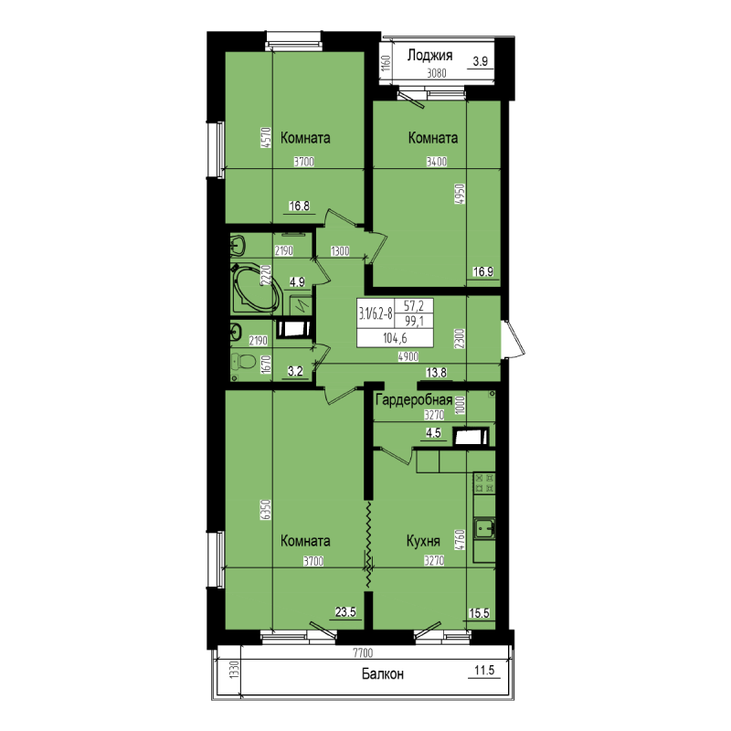 3-комнатная квартира, 104.6 м² - планировка, фото №1