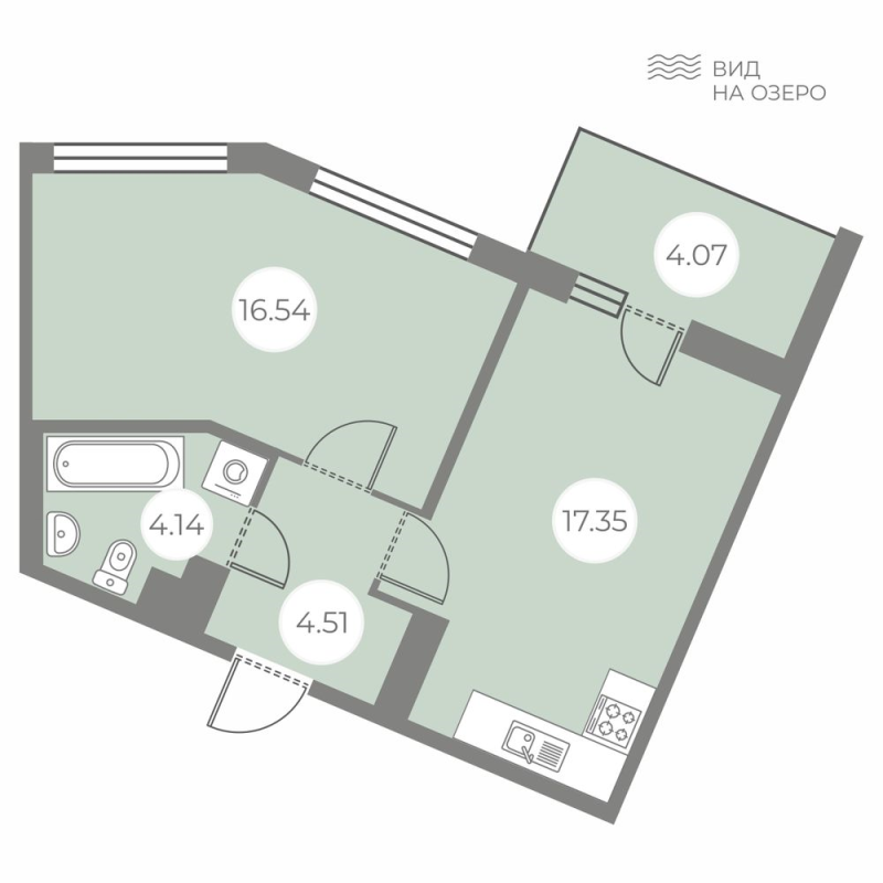 2-комнатная (Евро) квартира, 44.58 м² - планировка, фото №1