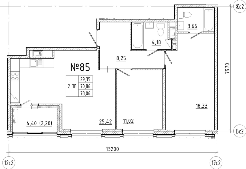 3-комнатная (Евро) квартира, 73.06 м² в ЖК "N8" - планировка, фото №1