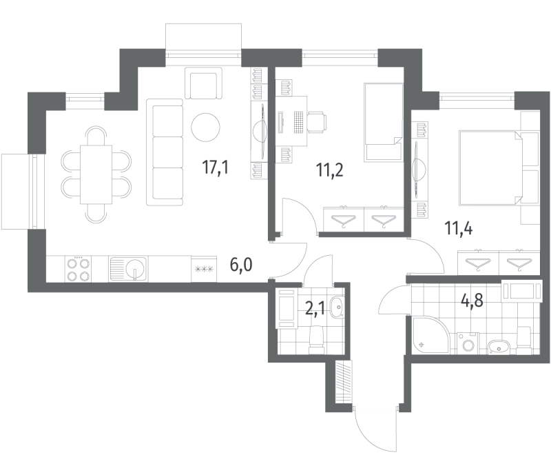 3-комнатная (Евро) квартира, 60 м² в ЖК "Парусная 1" - планировка, фото №1
