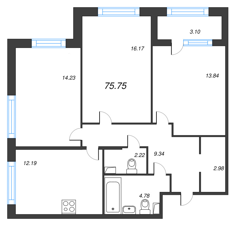 3-комнатная квартира, 75.75 м² в ЖК "Б15" - планировка, фото №1
