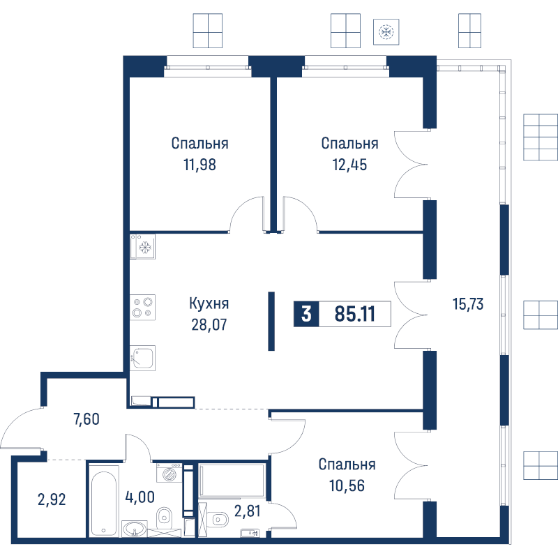 4-комнатная (Евро) квартира, 85.11 м² в ЖК "Символист" - планировка, фото №1