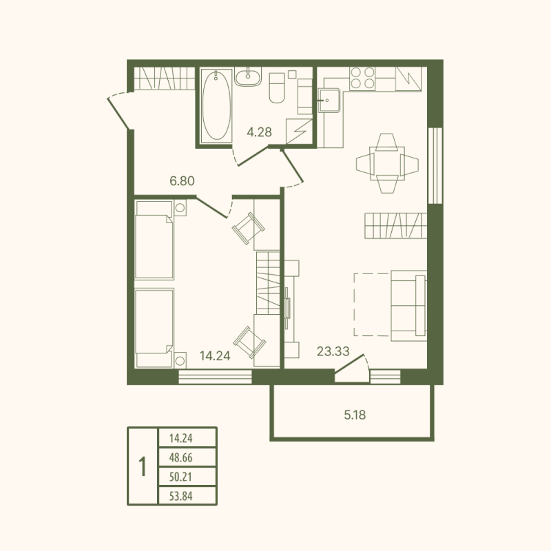 2-комнатная (Евро) квартира, 50.21 м² в ЖК "Рауни" - планировка, фото №1