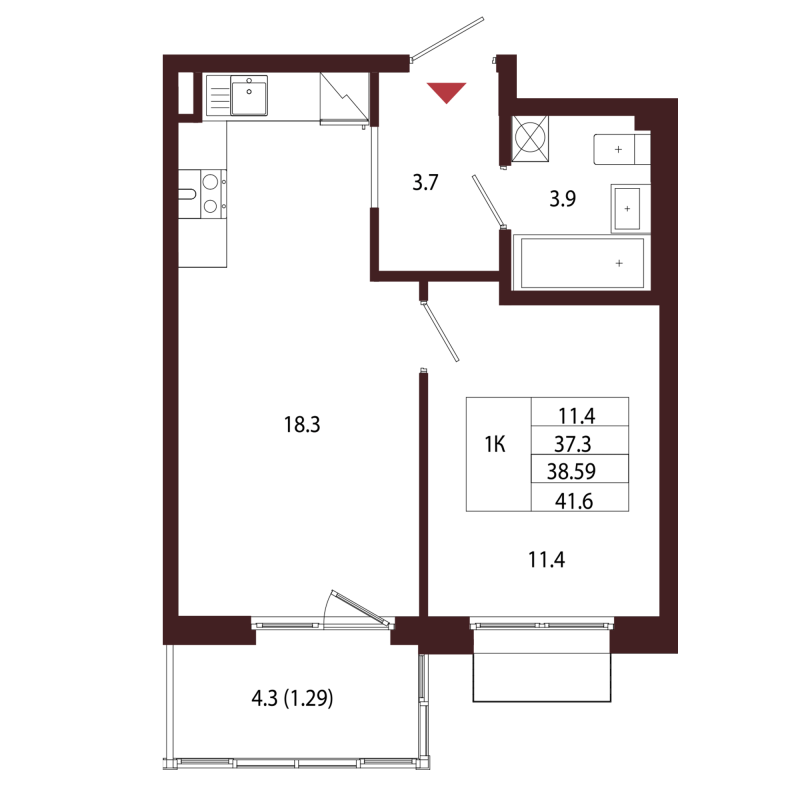 2-комнатная (Евро) квартира, 38.59 м² в ЖК "Лисино" - планировка, фото №1
