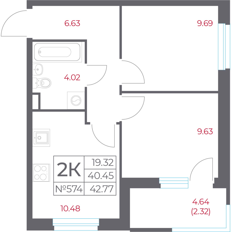 2-комнатная квартира, 42.77 м² в ЖК "Город-спутник Южный" - планировка, фото №1