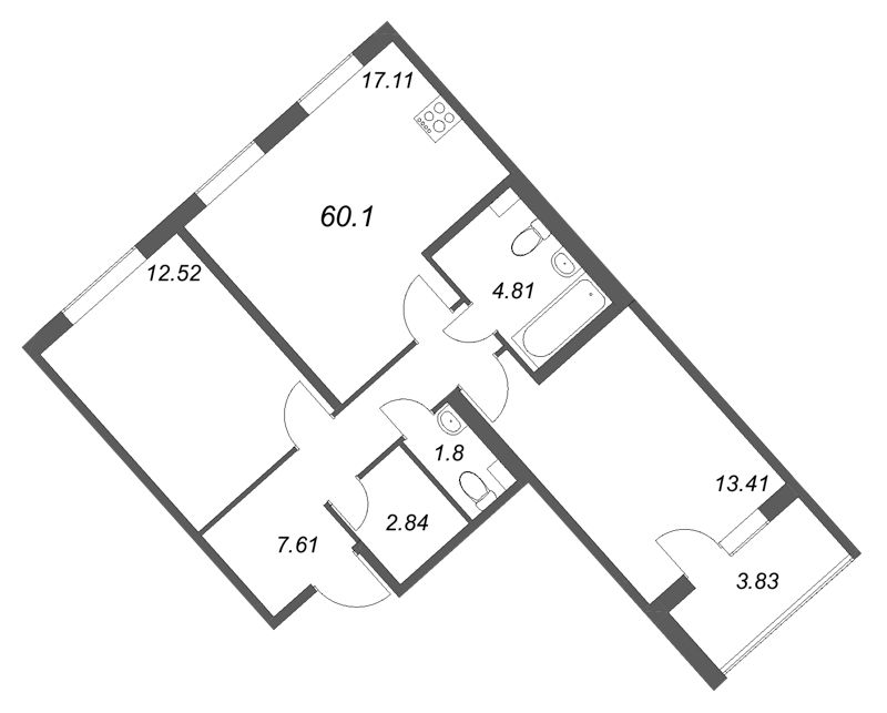 3-комнатная (Евро) квартира, 60.1 м² в ЖК "Любоград" - планировка, фото №1