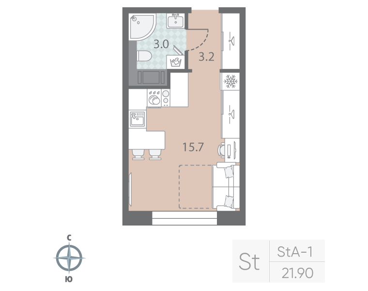 Квартира-студия, 21.9 м² в ЖК "Большая Охта" - планировка, фото №1