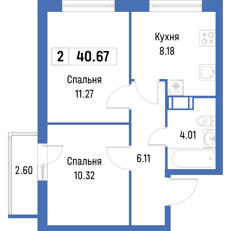 2-комнатная квартира, 40.67 м² - планировка, фото №1