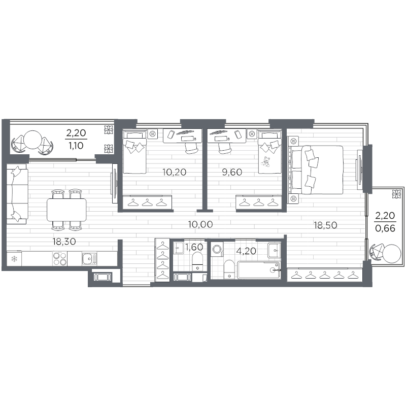 4-комнатная (Евро) квартира, 74.16 м² в ЖК "Плюс Пулковский" - планировка, фото №1