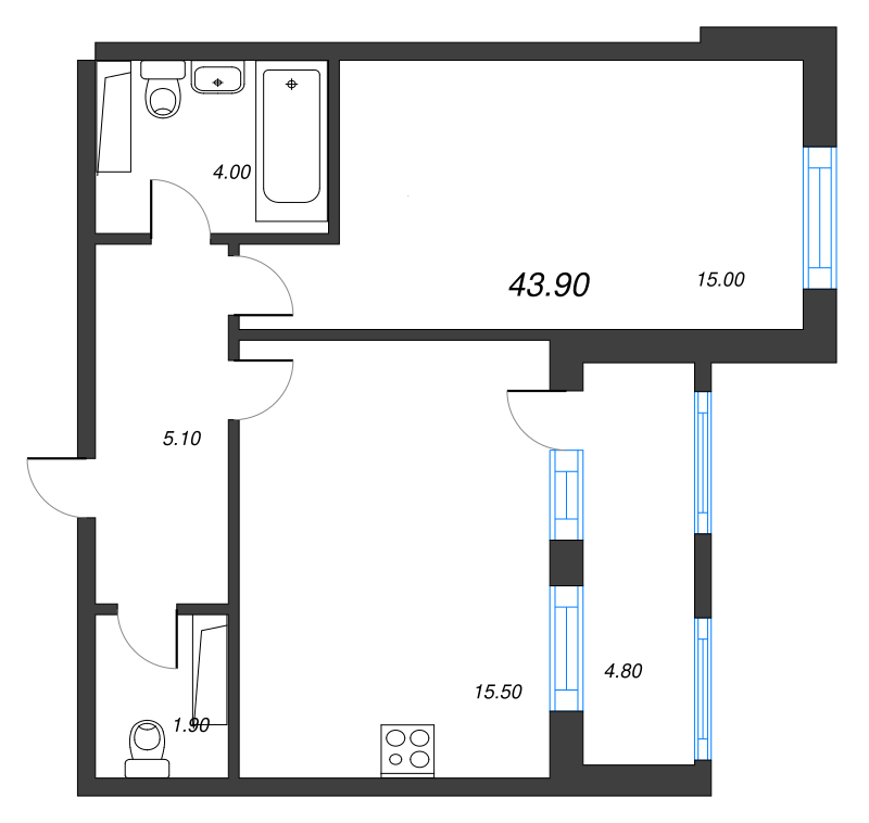 2-комнатная (Евро) квартира, 43.9 м² - планировка, фото №1