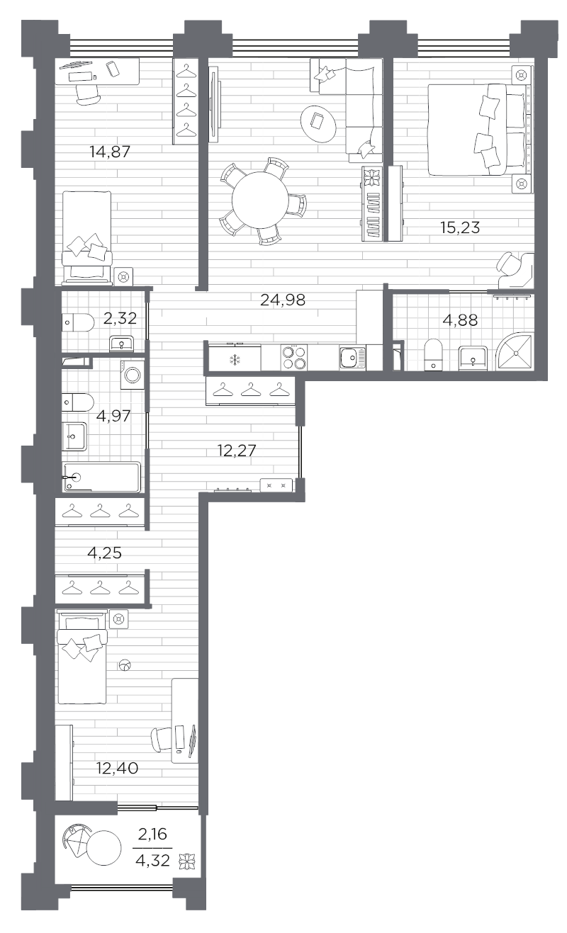 4-комнатная (Евро) квартира, 98.33 м² в ЖК "Ассамблея" - планировка, фото №1