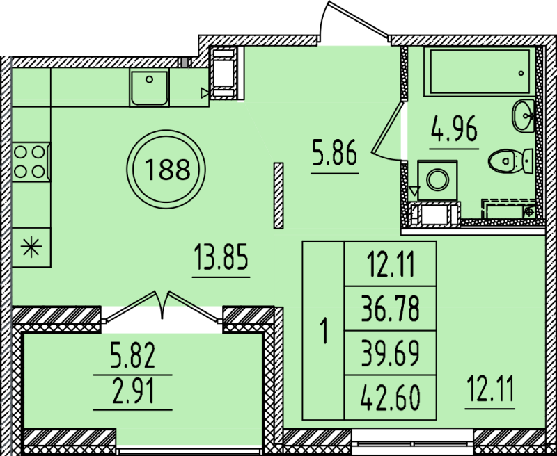 1-комнатная квартира, 36.78 м² в ЖК "Образцовый квартал 14" - планировка, фото №1