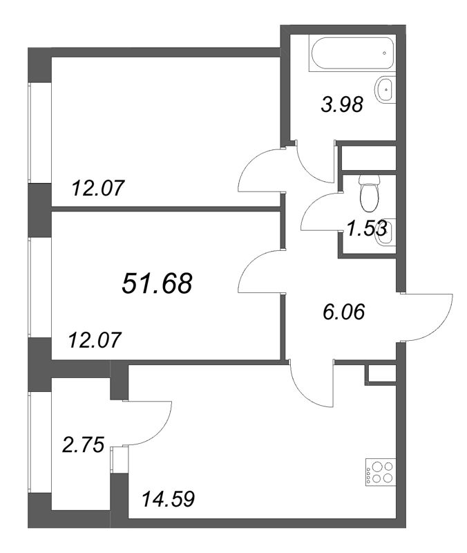 2-комнатная квартира, 51.68 м² в ЖК "Аурум" - планировка, фото №1