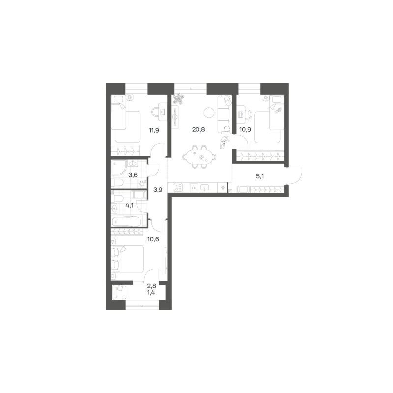 4-комнатная (Евро) квартира, 72.08 м² в ЖК "Новый Питер" - планировка, фото №1