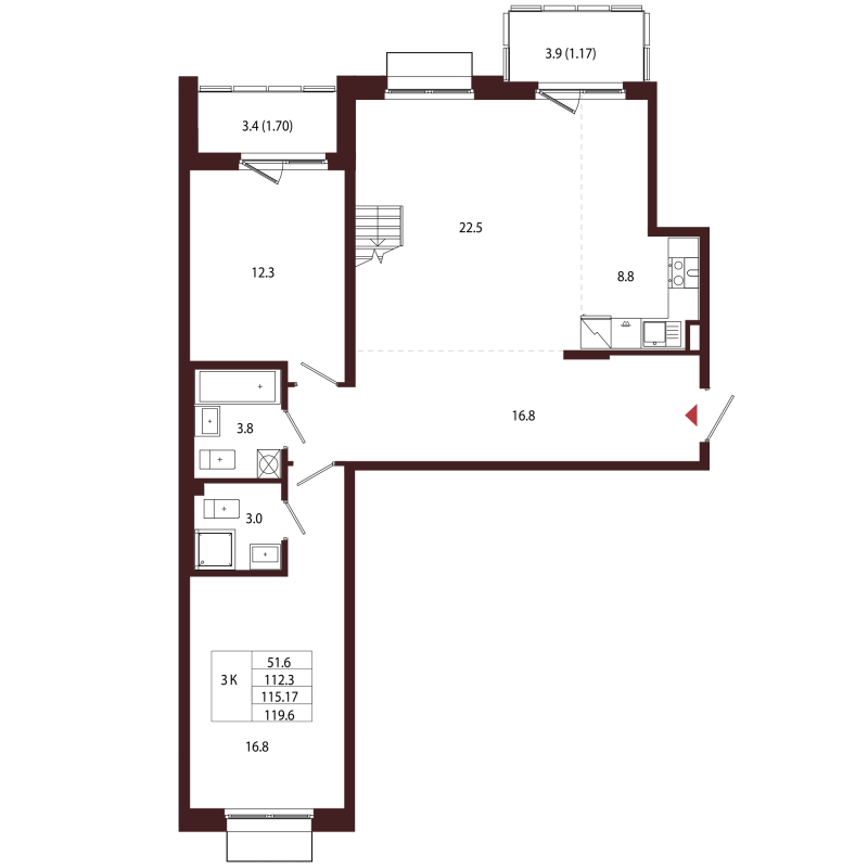 3-комнатная квартира, 115.17 м² в ЖК "Лисино" - планировка, фото №1