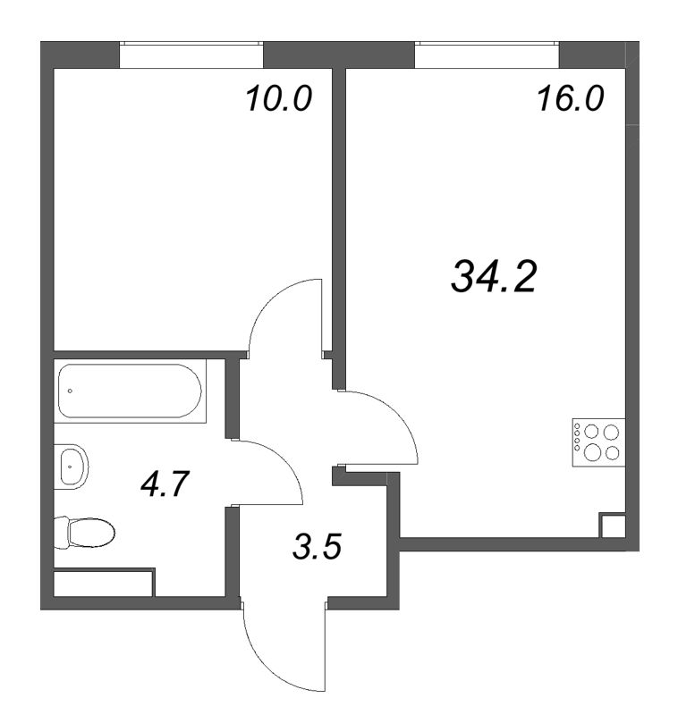 2-комнатная (Евро) квартира, 34.2 м² в ЖК "Пулково Lake" - планировка, фото №1