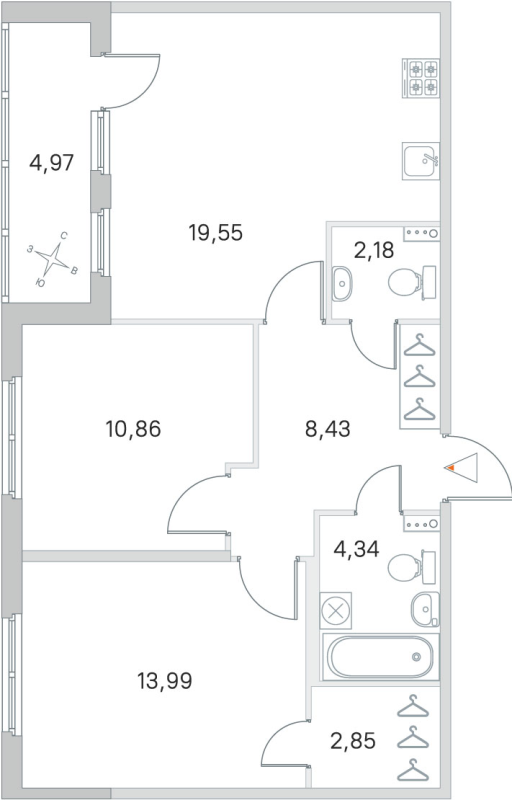 3-комнатная (Евро) квартира, 62.2 м² в ЖК "Любоград" - планировка, фото №1