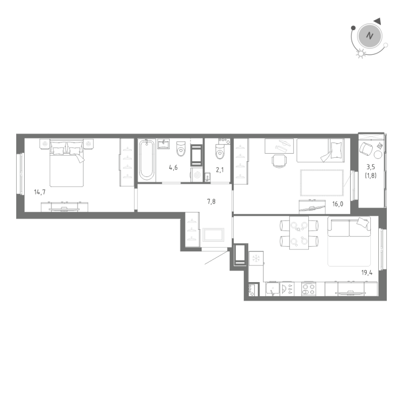 3-комнатная (Евро) квартира, 66.4 м² в ЖК "Клюква.Парк" - планировка, фото №1