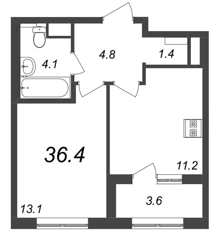 1-комнатная квартира, 36.5 м² - планировка, фото №1