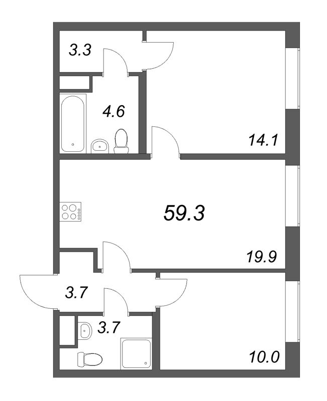 3-комнатная (Евро) квартира, 59.3 м² - планировка, фото №1