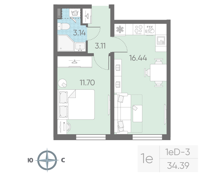 2-комнатная (Евро) квартира, 34.39 м² в ЖК "Морская миля" - планировка, фото №1