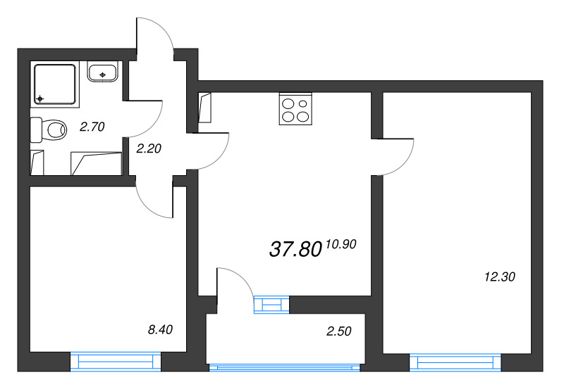 2-комнатная квартира, 37.8 м² в ЖК "Цветной город" - планировка, фото №1