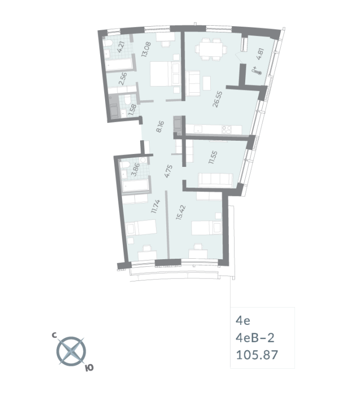 4-комнатная (Евро) квартира, 105.87 м² - планировка, фото №1