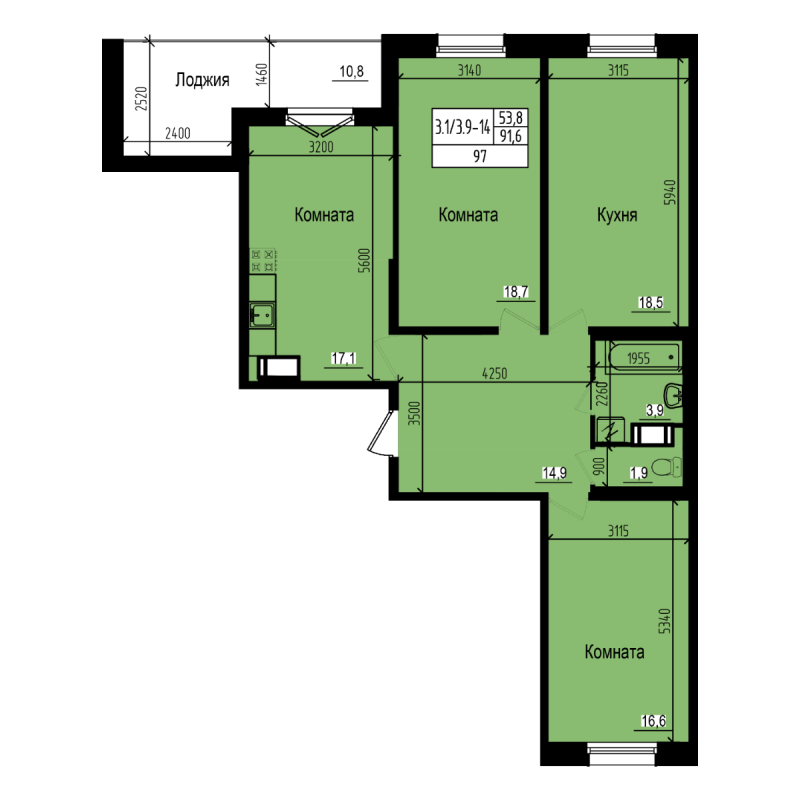 3-комнатная квартира, 97 м² - планировка, фото №1