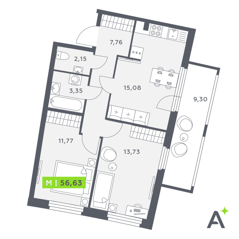 3-комнатная (Евро) квартира, 56.63 м² в ЖК "Аквилон РИВА" - планировка, фото №1