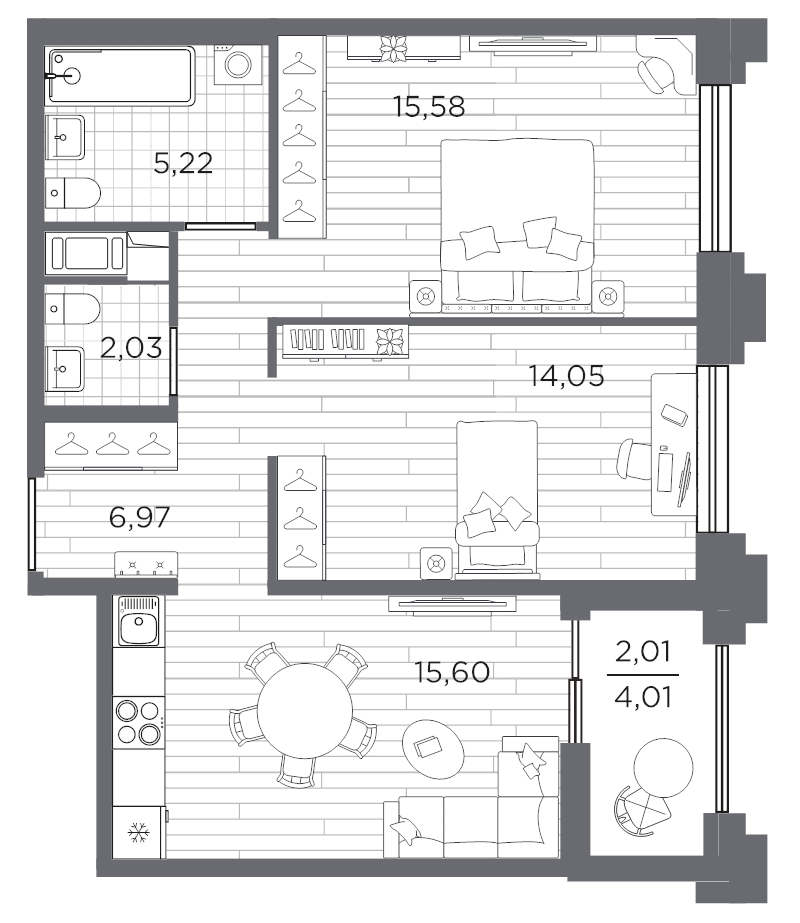 3-комнатная (Евро) квартира, 61.46 м² в ЖК "Ассамблея" - планировка, фото №1
