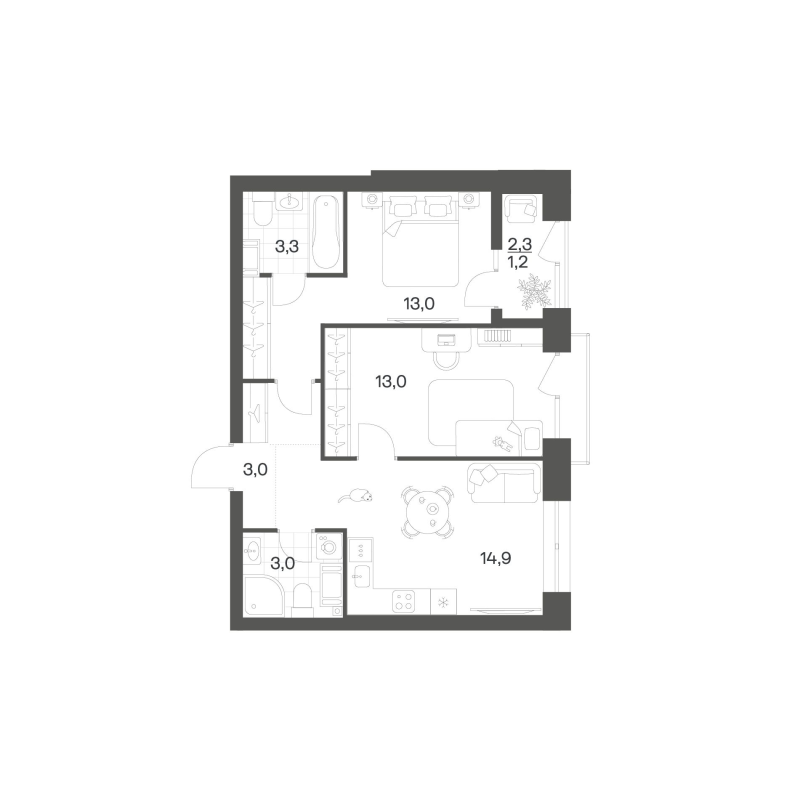 2-комнатная квартира, 53.52 м² в ЖК "Новый Питер" - планировка, фото №1
