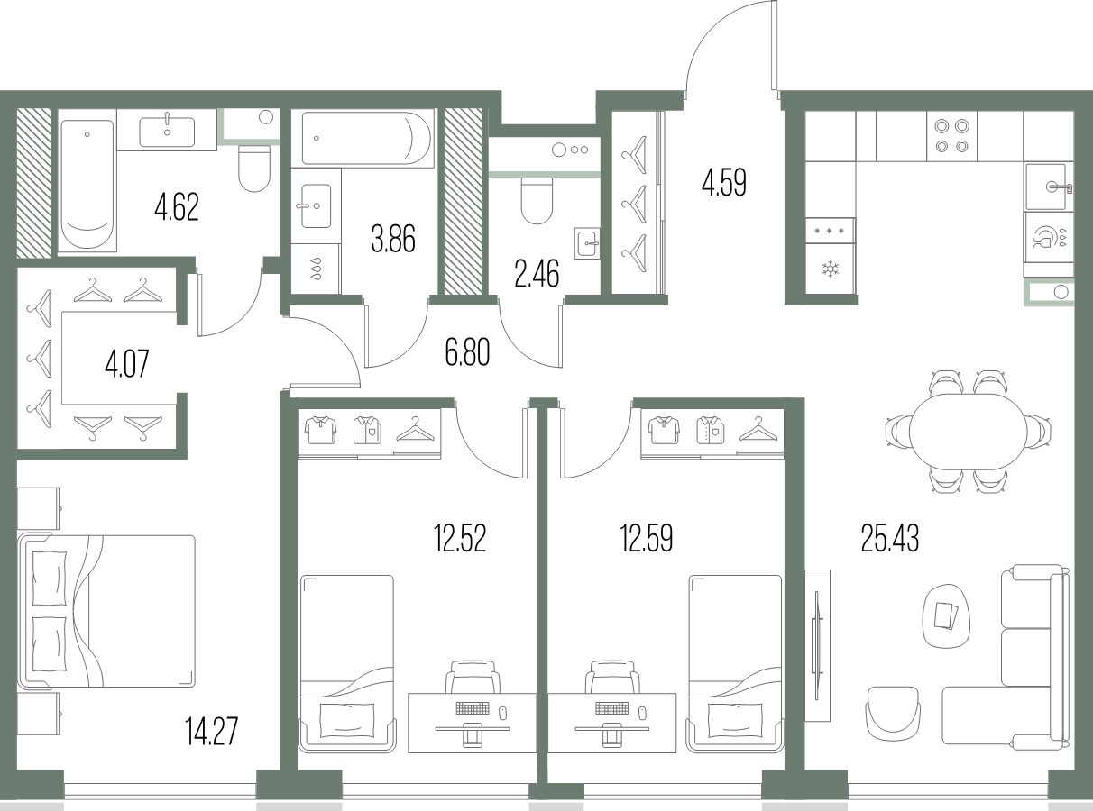 4-комнатная (Евро) квартира, 91.21 м² в ЖК "Легенда у моря" - планировка, фото №1