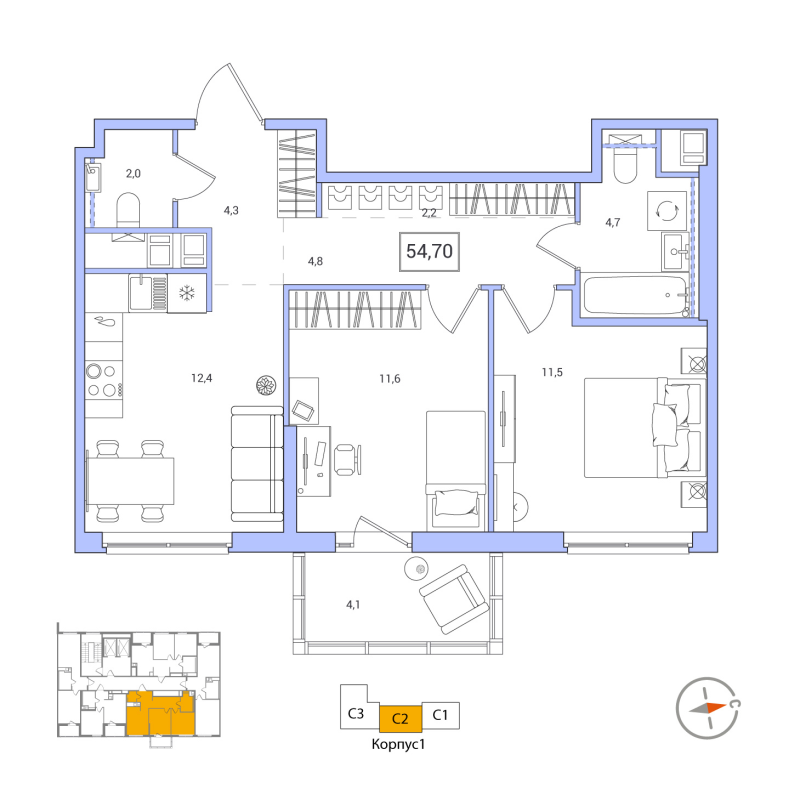 2-комнатная квартира, 54.7 м² - планировка, фото №1