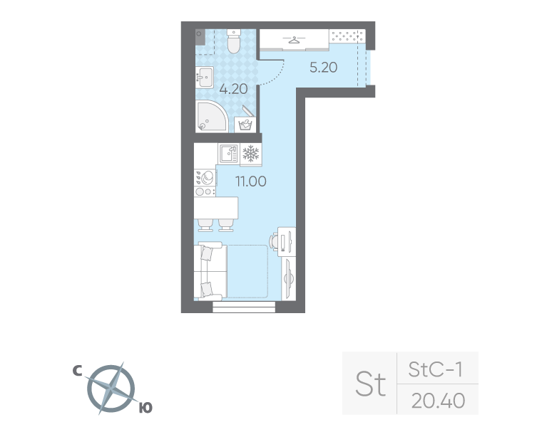 Квартира-студия, 20.4 м² в ЖК "Ручьи" - планировка, фото №1
