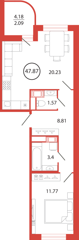 2-комнатная (Евро) квартира, 47.87 м² в ЖК "Энфилд" - планировка, фото №1