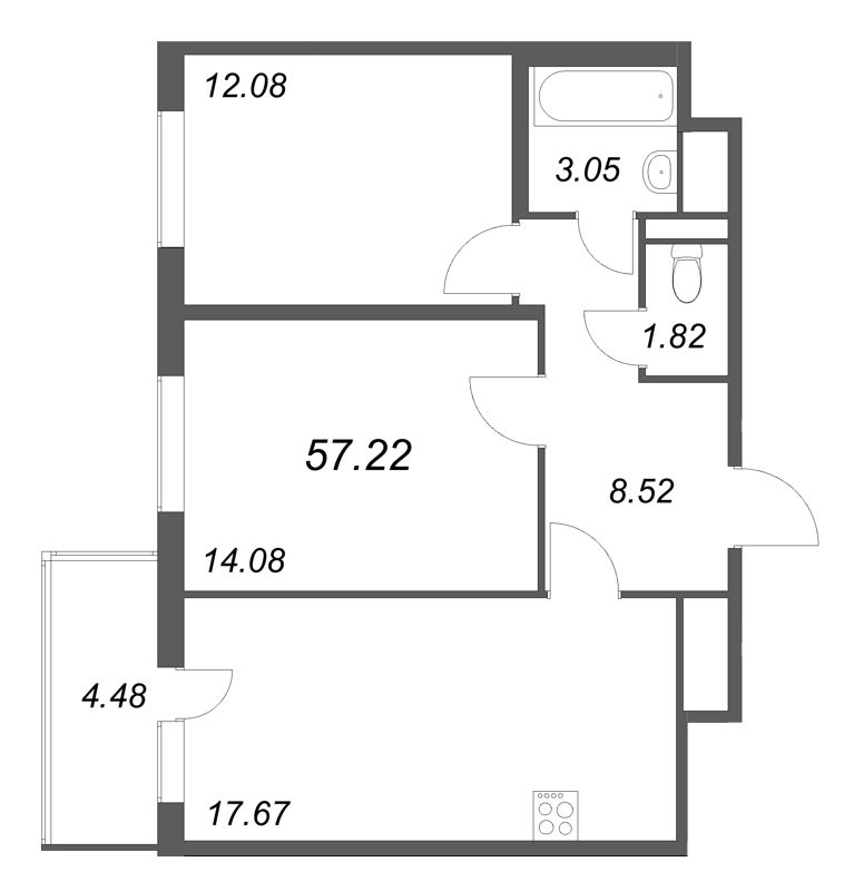3-комнатная (Евро) квартира, 57.22 м² в ЖК "Ясно.Янино" - планировка, фото №1