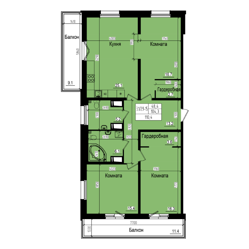 4-комнатная (Евро) квартира, 110.4 м² в ЖК "ПРАГМА city" - планировка, фото №1