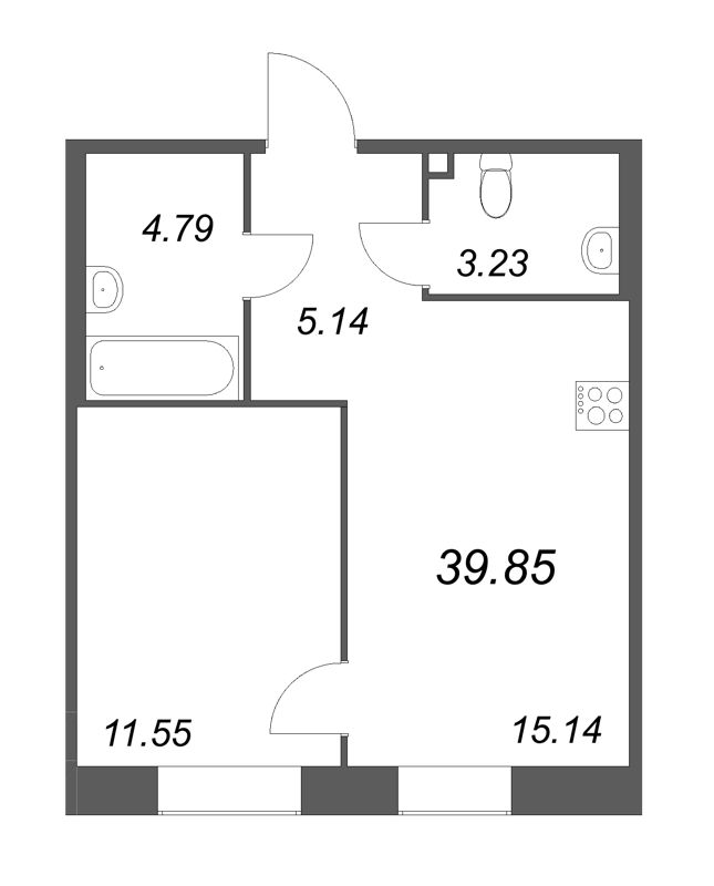 2-комнатная (Евро) квартира, 39.85 м² - планировка, фото №1