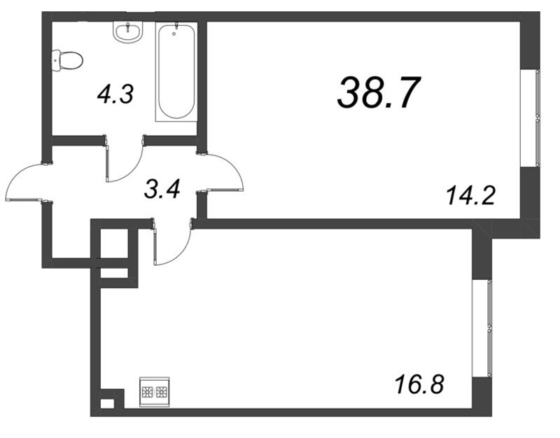 2-комнатная (Евро) квартира, 38.8 м² - планировка, фото №1